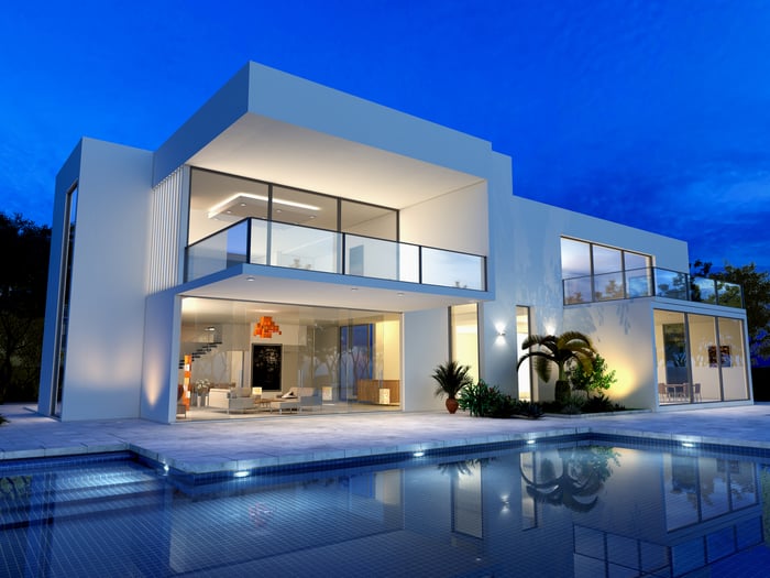 a large modern home with a pool