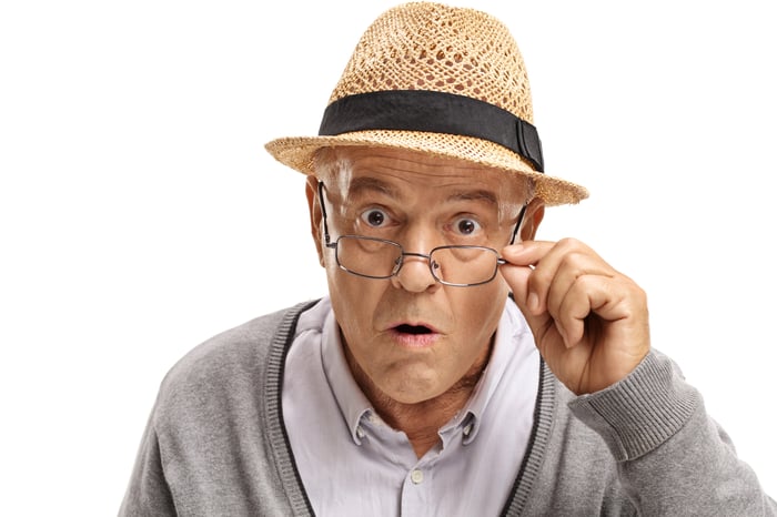 Older man with surprised expression adjusting glasses