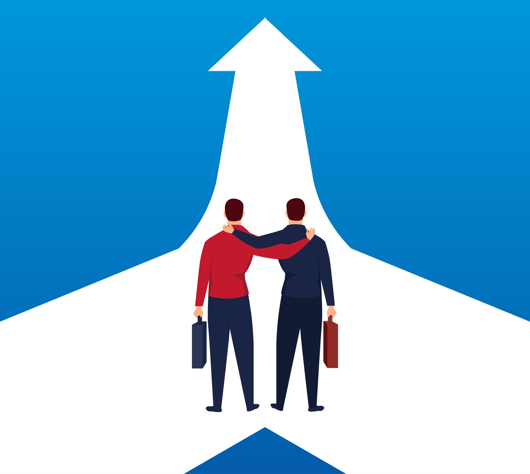 Merger image two businessman side hugging on a white path marked with an arrow pointing ahead