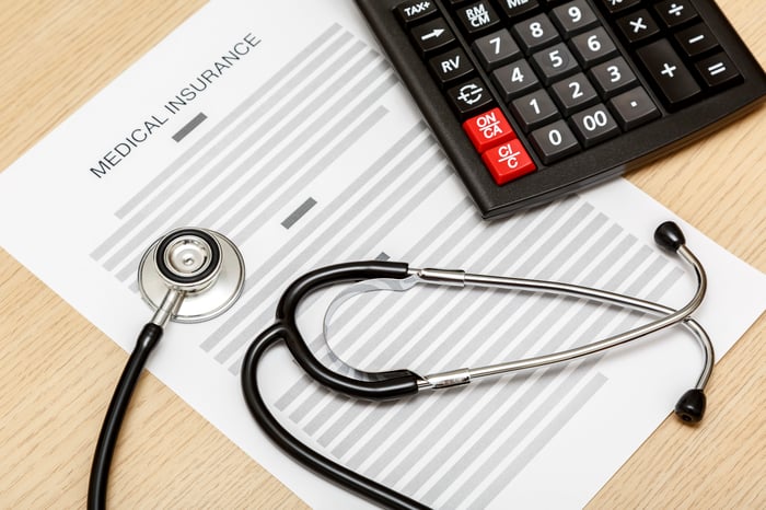 Medical insurance paper with a stethoscope on top and a calculator to the side