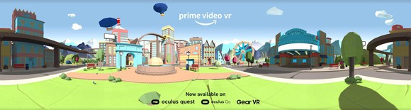 Amazon's Prime Video VR promo image with a digital landscape of attractions.