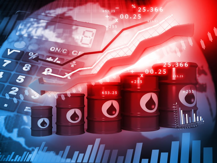 Barrels of oil rising in height with an upward pointing red arrow in the background.