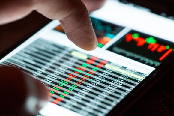 Close-up of stock quotes on a smart phone.