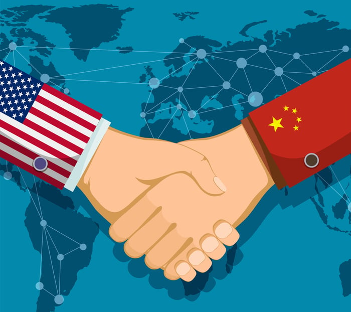 Two arms shaking hands over a world map, one with a sleeve displaying the U.S. flag and the other displaying China's