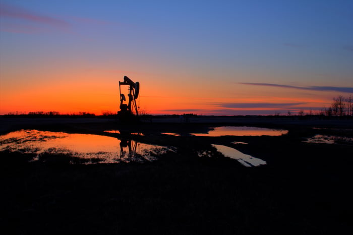 An oil pump with the setting sun in the background.