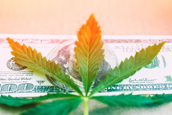 A cannabis leaf on top of a $100 bill