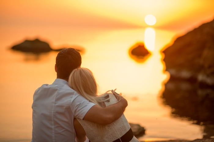 Couple looking out on the horizon at sunset