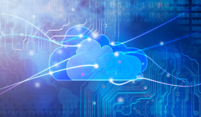 An image of a cloud superimposed on a digital background.
