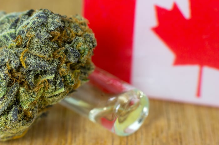 A dried cannabis bud and vial of cannabinoid-rich liquid next to a small Canadian flag.