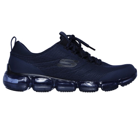 A navy blue mens Skechers Skech-Air shoe with bubble sole.