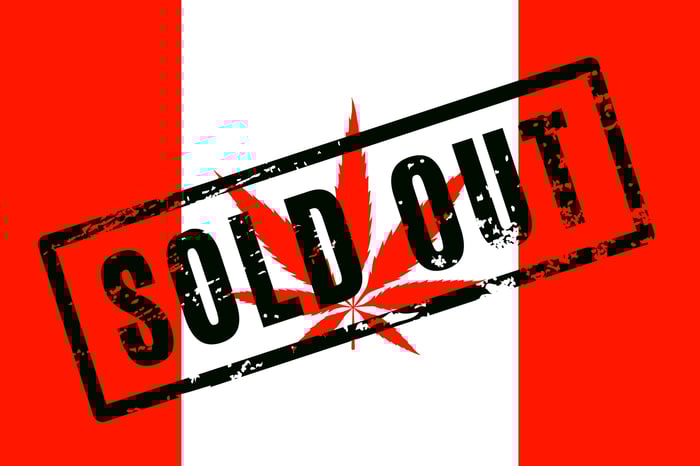 A Canadian flag with a cannabis leaf in place of the maple leaf, and the words Sold Out stamped across the flag.