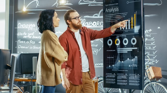 Man and woman look at financial analysis chart on a board