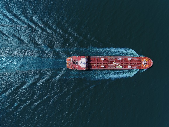 Oil tanker sailing on open water.