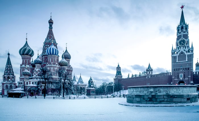 Moscow's Kremlin after a snowfall.