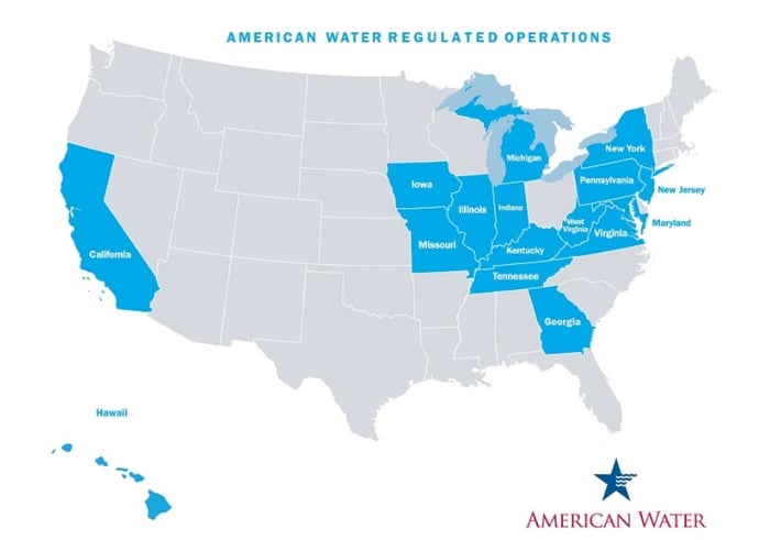 U.S. map showing the 16 states where American Water has regulated operations: AMERICAN WATER HAS REGULATED OPERATIONS IN 16 U.S. STATES: NJ, PA, MO, IL, CA, IN, WV, GA, HI, IA, KY, MD, MI, NY, TN, AND VA.