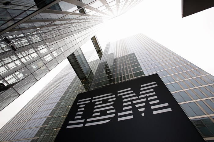 Skyscraper seen from ground level with IBM sign on the facade