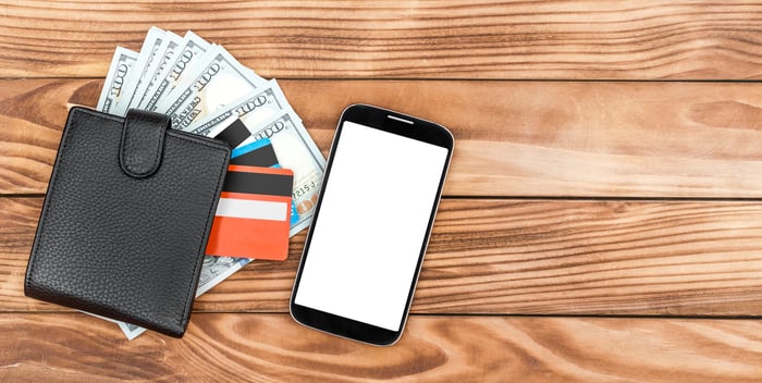 A wallet with a fan of cash and credit cards laying next to a smartphone.