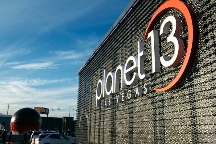 The facade of the Planet 13 SuperStore in Las Vegas, Nevada. 