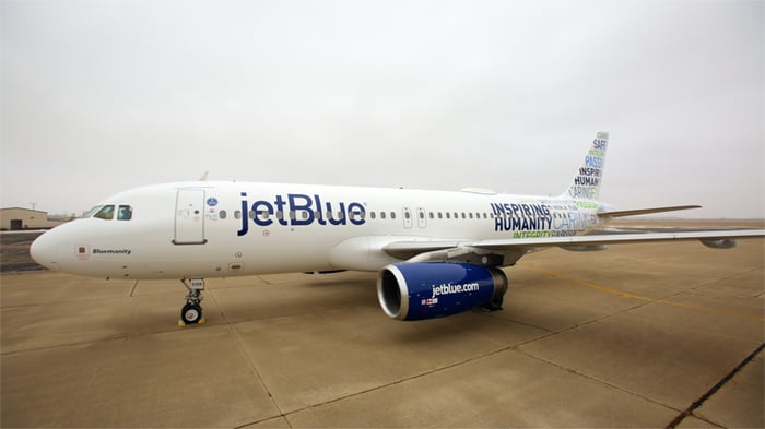 A JetBlue plane taxis to the gate.