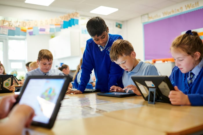 Young children studying on iPads