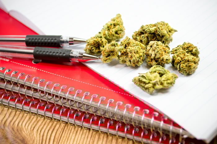 Marijuana buds atop a set of red notebooks and next to two pens.
