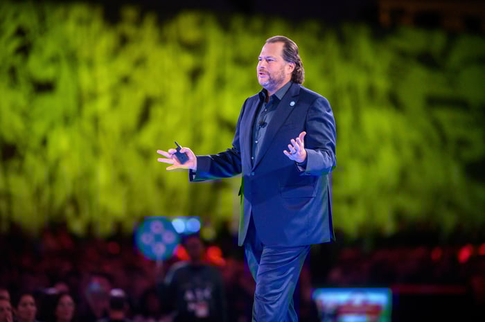 Salesforce co-CEO Marc Benioff on stage at Dreamforce 2019