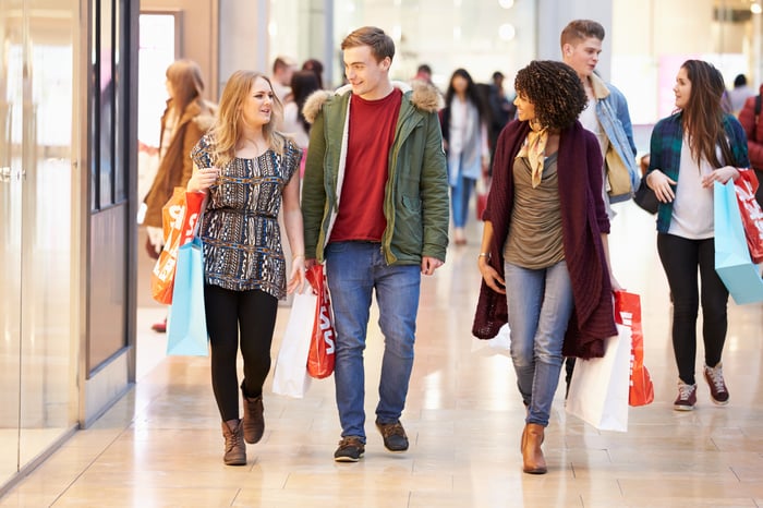 People walking in a busy enclosed mall