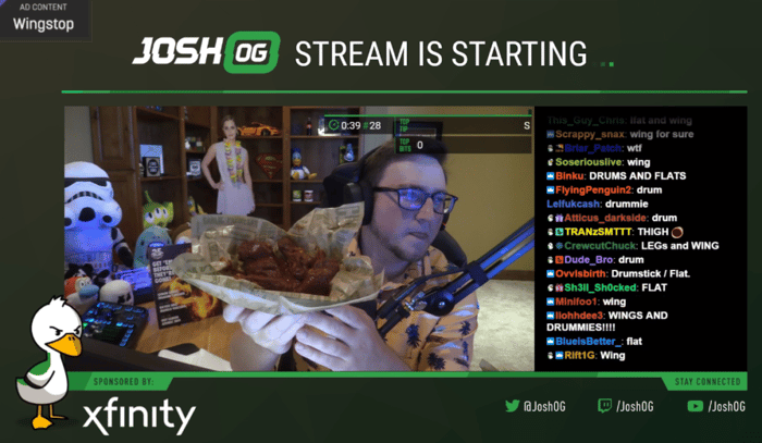 Viewers select which Wingstop wings content creator will eat live on Twitch.