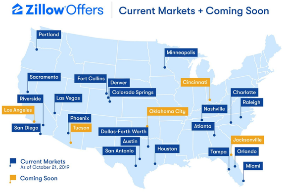 Zillow Offers map of the U.S., with cities highlighted