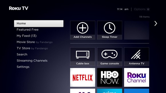 A Roku TV showing shortcuts to streaming services.