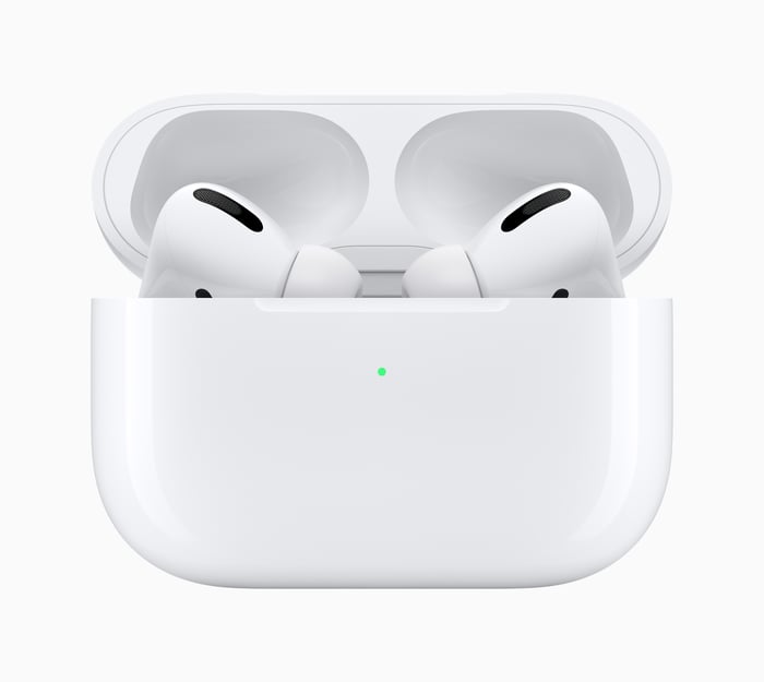 Apple AirPods Pro in a their storage case with the lid open.