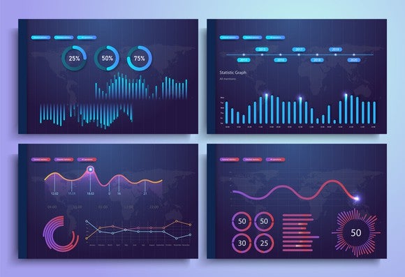 Four screens showing various data analyses.