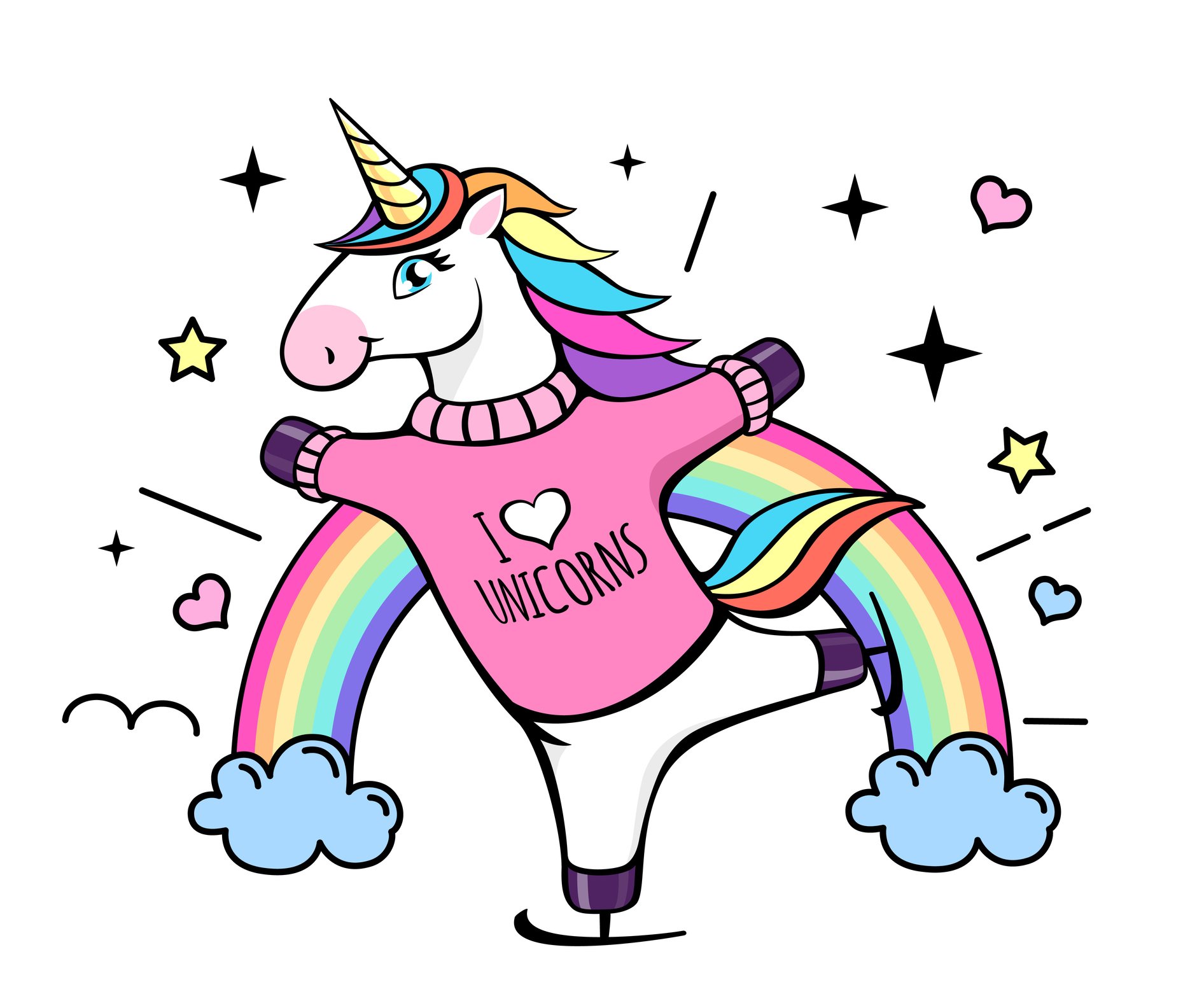 Unicorn wearing I Love Unicorns sweater standing in front of a rainbow