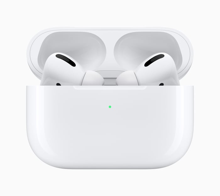 Apple's AirPods Pro shown in their carrying case.