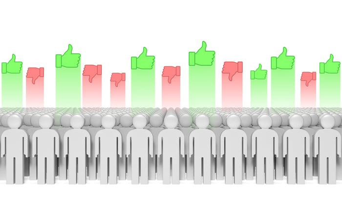 Stick people with green thumbs up and red thumbs down above them.