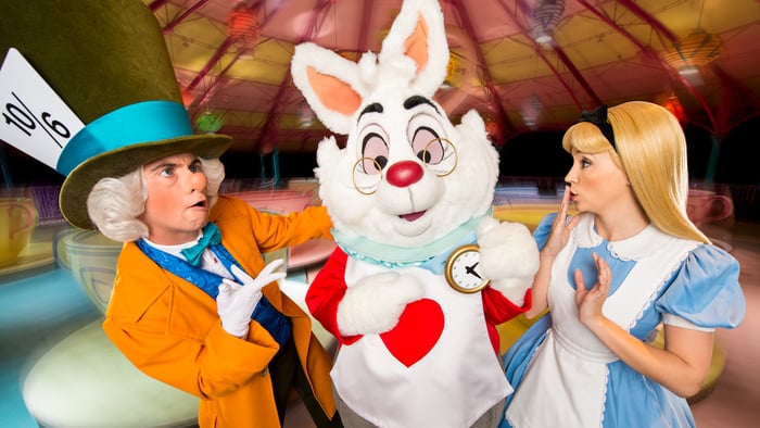 Costumed Alice in Wonderland characters pose in front of the Mad Tea Cups ride at Disney World.