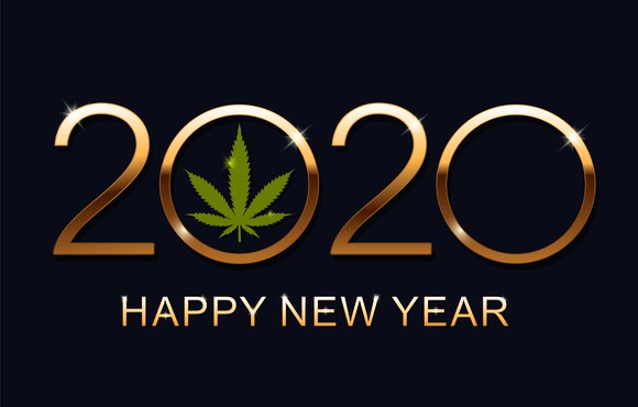 2020 with a cannabis leaf in the first zero and "happy new year" underneath the year