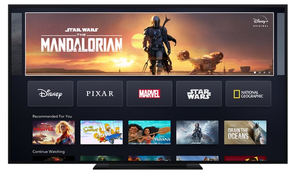 Disney+ home screen on a connected TV, featuring The Mandalorian.