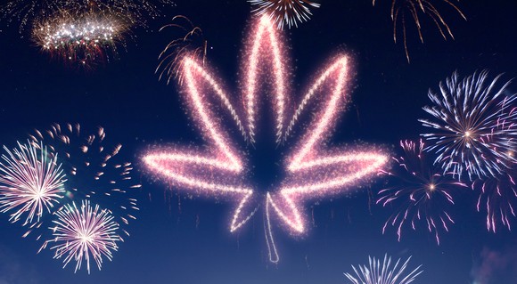 Fireworks show with a shape of a cannabis flower