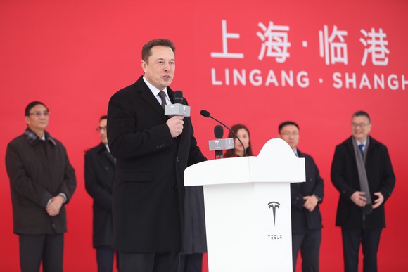 Elon Musk at the groundbreaking event for Tesla's Gigafactory 3 in China