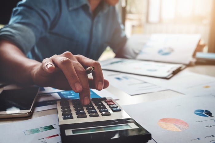 A person using a calulator with financial charts on the desk.