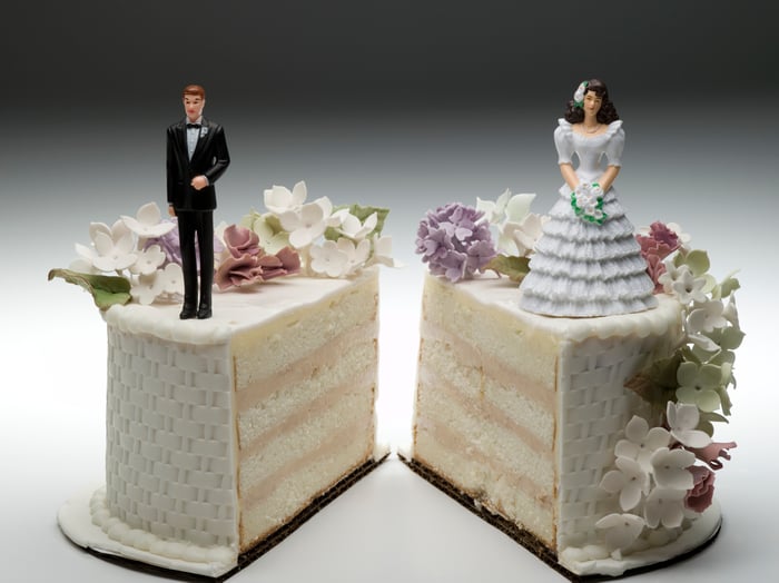 Bride and groom decorations on two pieces of wedding cake