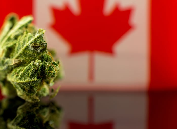 Marijuana bud with Canadian flag in the background.