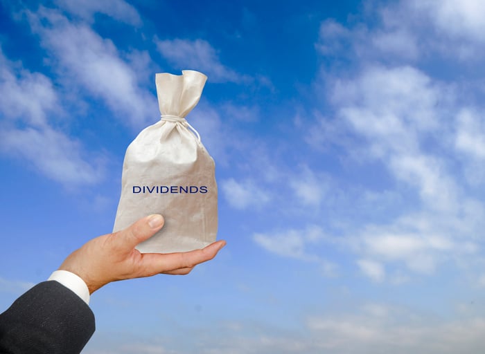 A person holding a bag with the word dividends on it.