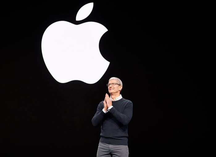 Apple CEO Tim Cook with the Apple logo behind him.