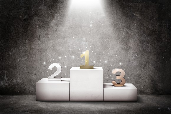 Winners' podium with numbers 1, 2, and 3 on each stand.