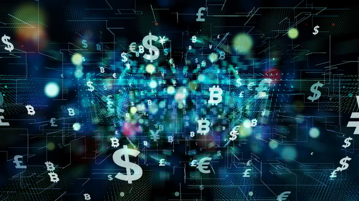 A futuristic array featuring dollar signs from various currencies from around the world