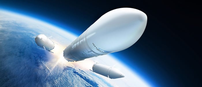 Artist's depiction of an Ariane 62 rocket over Earth Artist's depiction of an Ariane 62 rocket over Earth