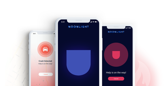 Three smart phones showing various emergency notifications within the Noonlight app.