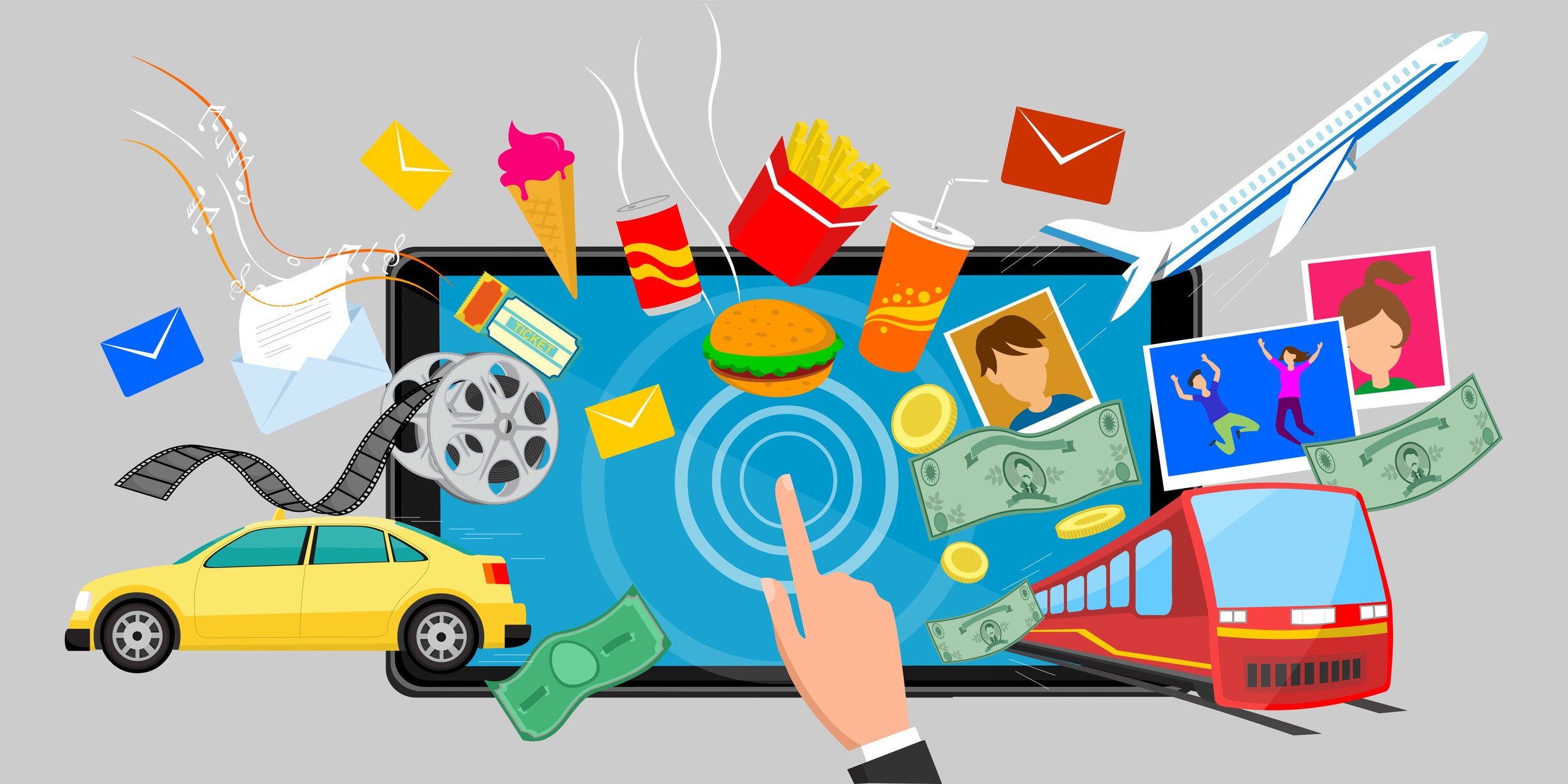 Collage of common goods and services - cars, fast food, planes, and money - emerging from a computer screen